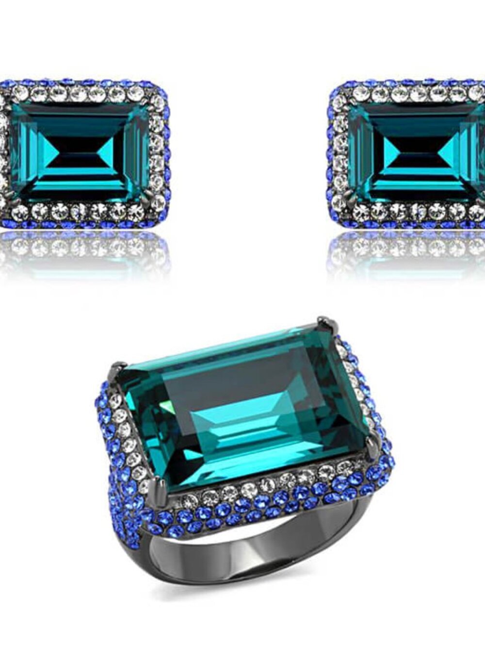 Top Grade Blue Zircon IP Black Stainless Steel Earrings & Ring Set